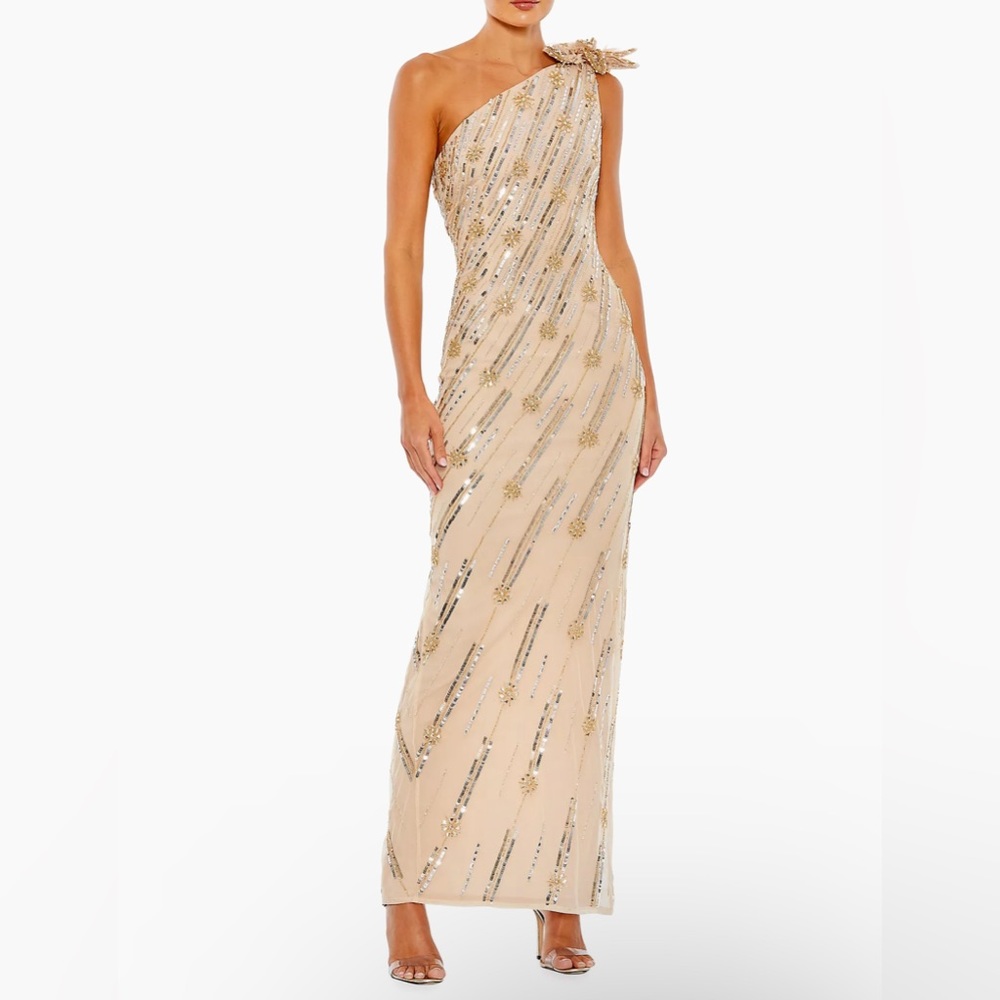 Mac Duggal Embellished Floral Detail One Shoulder Gown Formal Maxi Prom Dress
